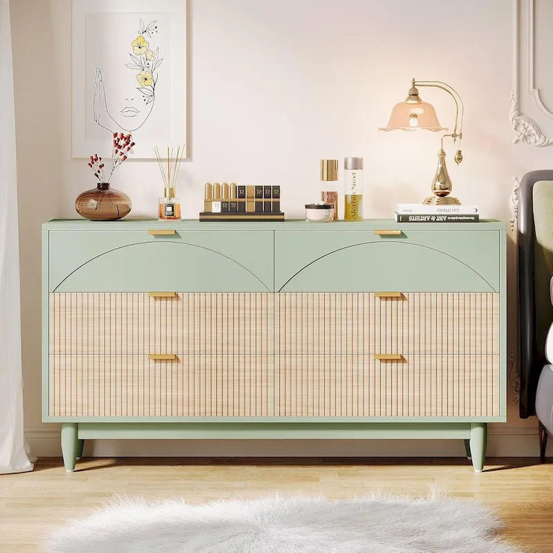 Commode de 55 pouces pour chambre à coucher, longue commode double organisatrice en bois verte