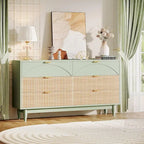 Commode de 55 pouces pour chambre à coucher, longue commode double organisatrice en bois verte