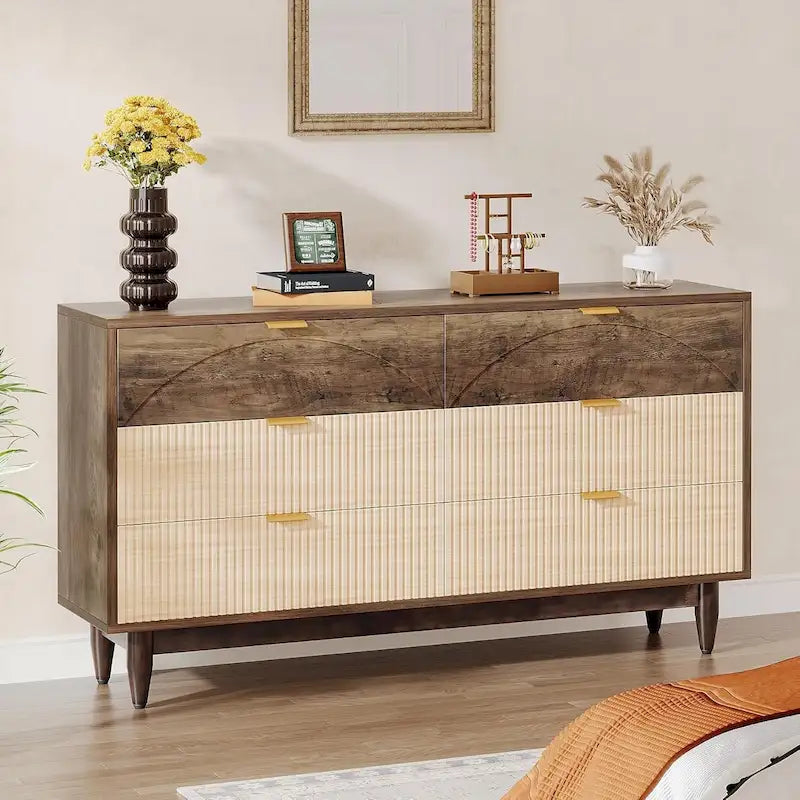 Commode de 55 pouces pour chambre à coucher, longue commode double organisatrice en bois verte