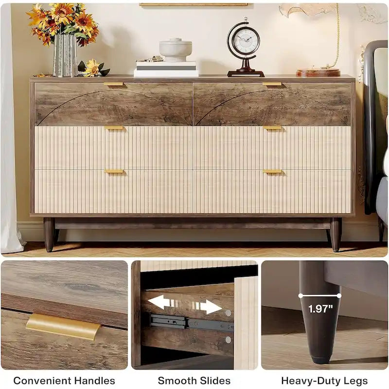 Commode de 55 pouces pour chambre à coucher, longue commode double organisatrice en bois verte