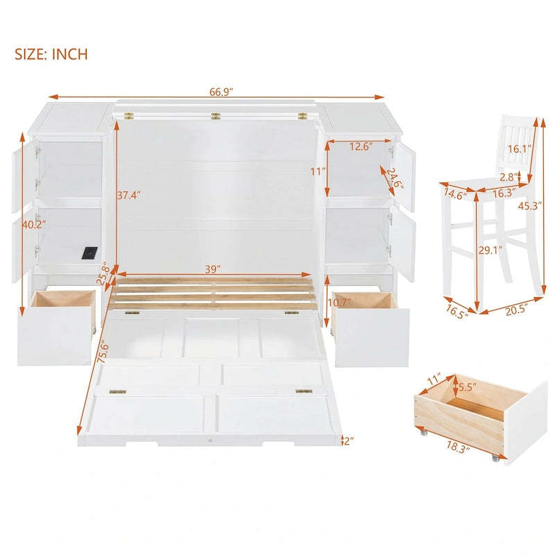 Lit escamotable avec tiroirs et armoires